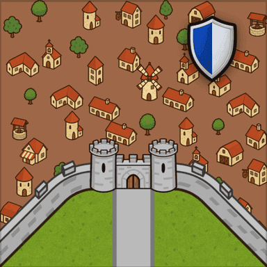 Three edge city with road and shield