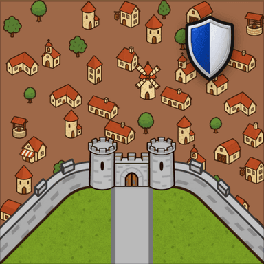 Three edge city with road and shield